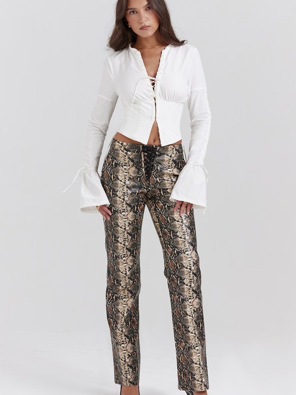 House of CB vegan Leather Snake-Print Straight Leg Pants in Brown & Tan Sz L